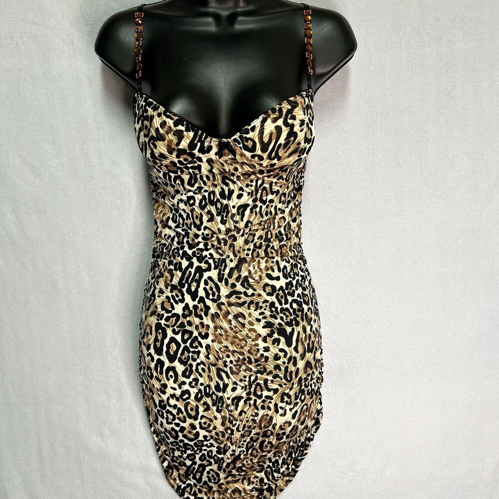 Cristina Leopard Print Beaded Strap Bodycon Dress Size Small Animal Print Ruched